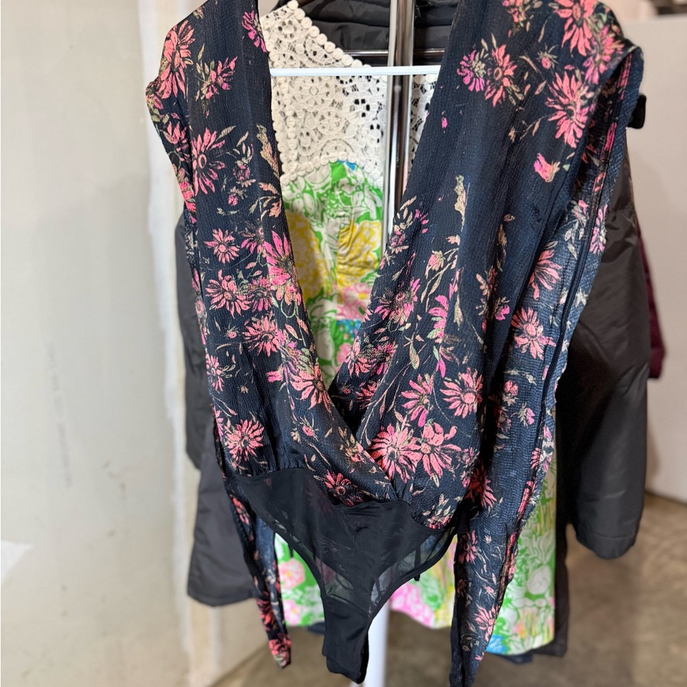 Free People Black and Pink Floral Bodysuit